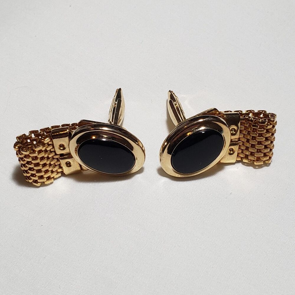 Sarah Coventry Vintage Mesh Link Gold Tone Black Oval Cufflinks Signed